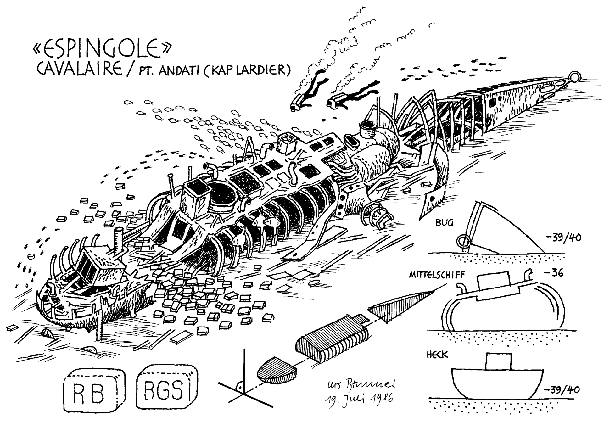 Urs Brunner, Wrackillustration, Unterwasserskizze