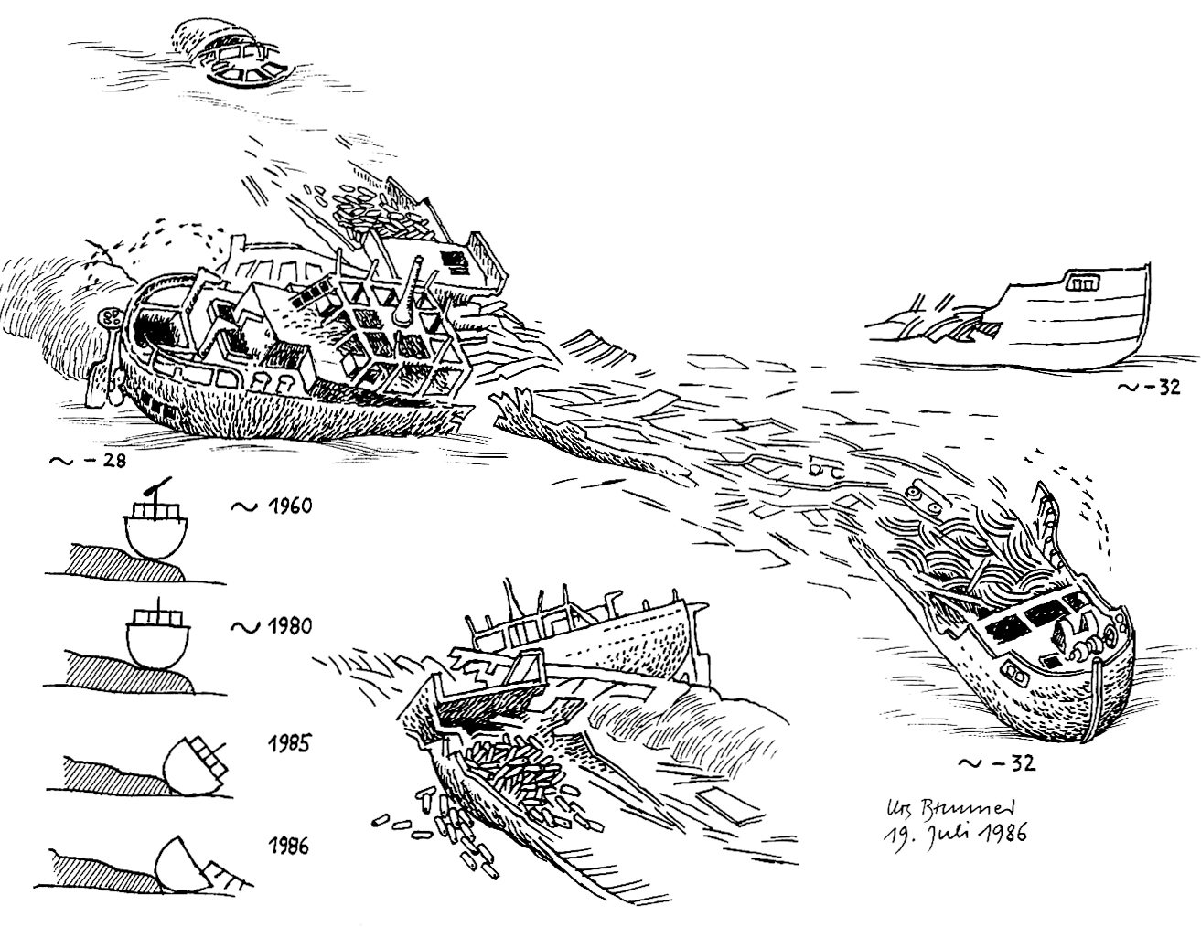 Urs Brunner, Wrackillustration, Unterwasserskizze