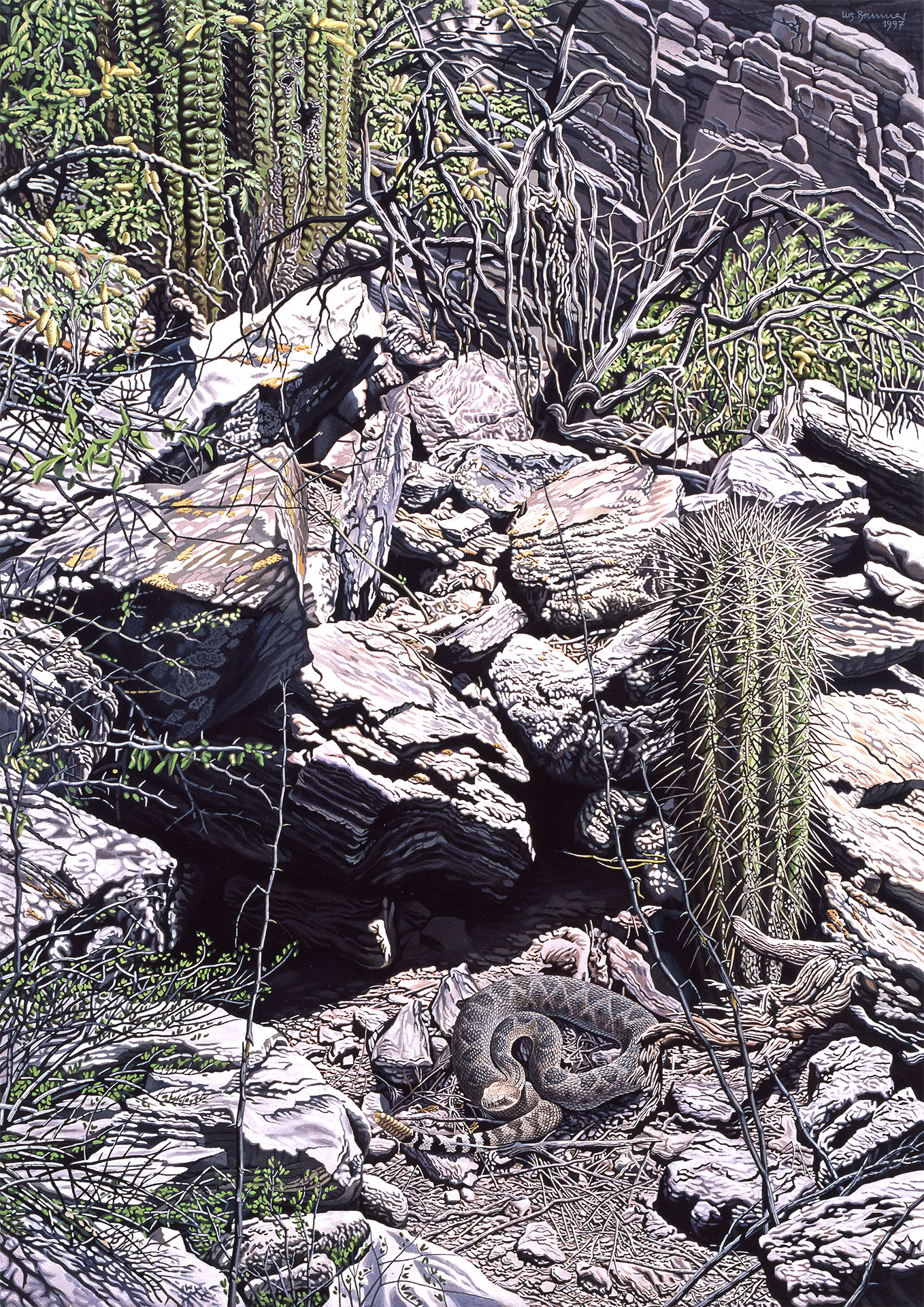 Urs Brunner, Schlangenhabitat l / ll / lll / Vipern (Berner Oberland) und Klapperschlange (Arizona-Sonora-Wüste), 1996 / 97, Acryl auf Leinwand, je 92 x 65 cm
