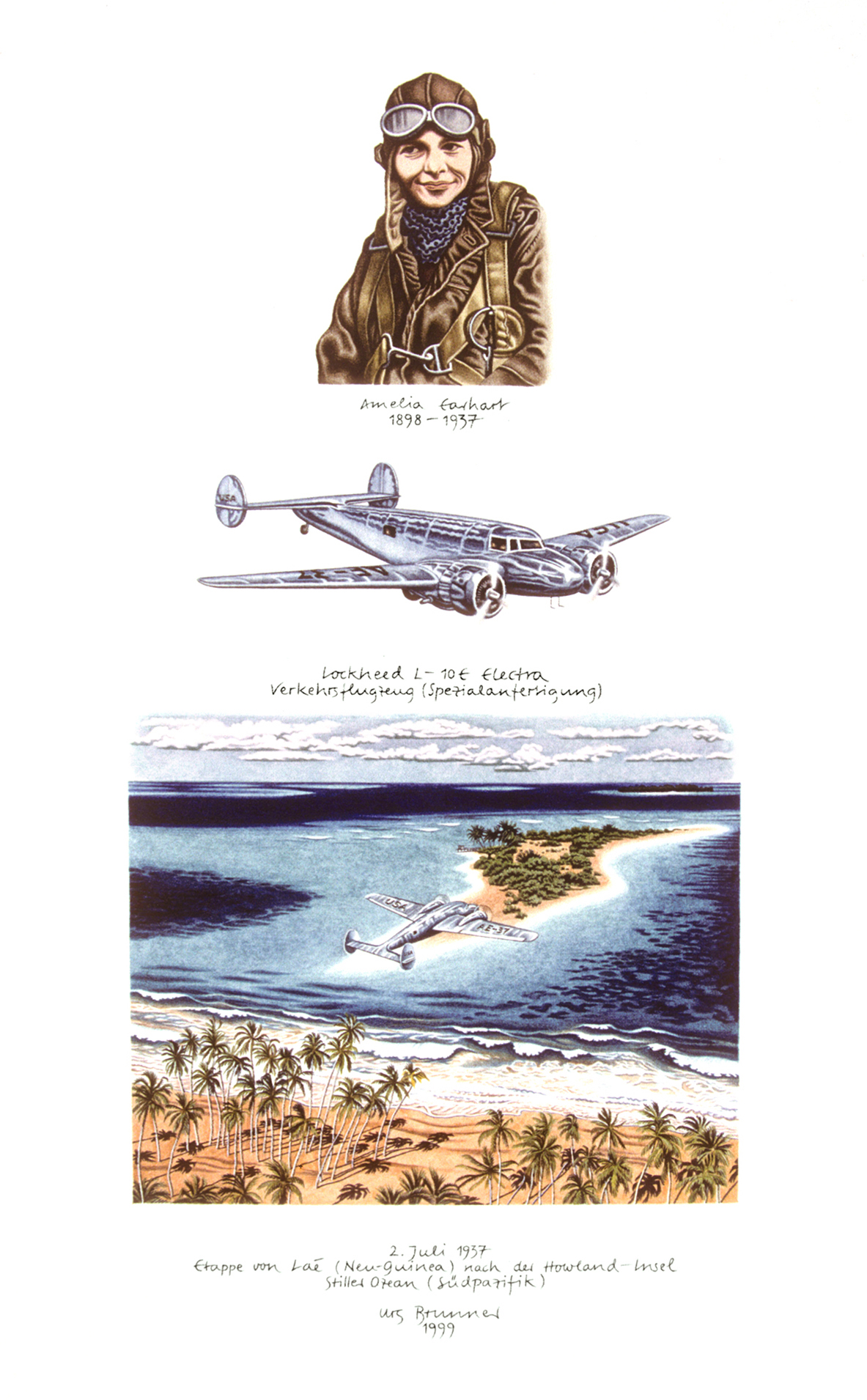 Verschollen II / Amelia Earhart, 1999, Aquarell und Farbstift auf Papier, 42 x 29,7 cm