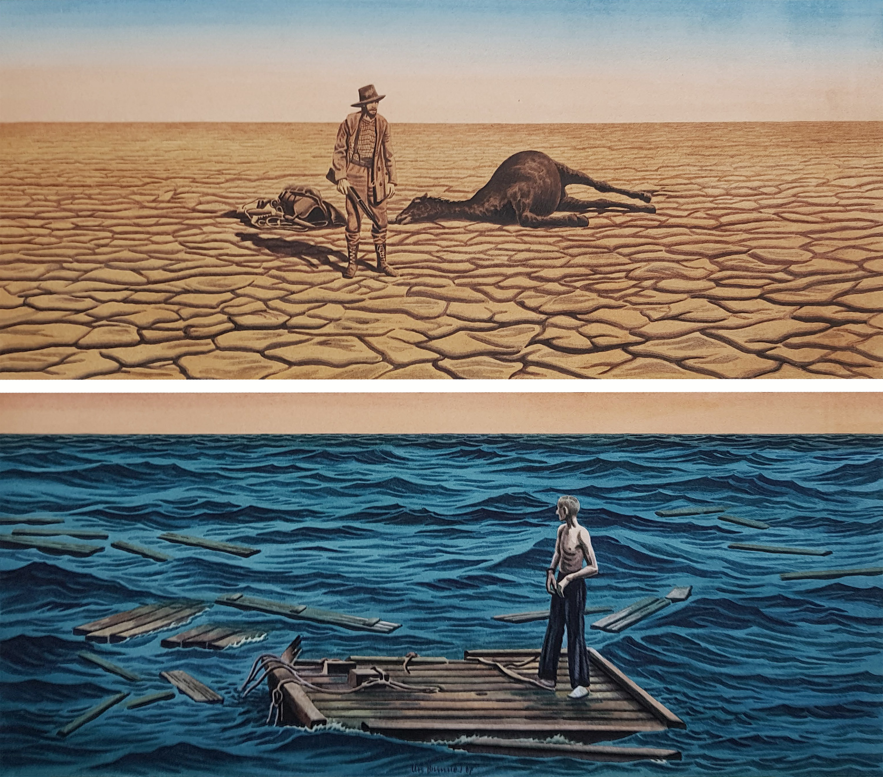 Verloren / Landwüste & Wasserwüste, 1987, Aquarell auf Papier, 37 x 42 cm