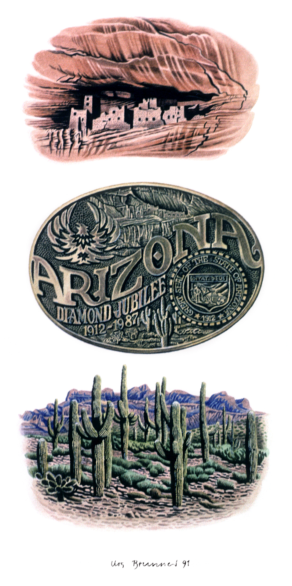 Arizona-Gurtschnalle, 1991, Aquarell auf Papier, 21 x 29,7 cm
