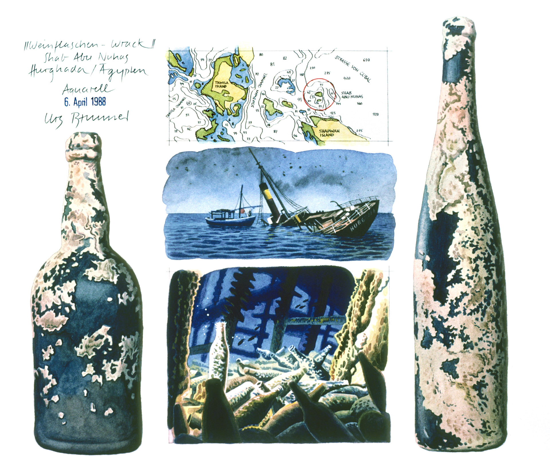 Carnatic / Weinflaschen-Wrack / Fundstücke, 1988, Aquarell und Filzstift auf Papier, 25 x 27 cm