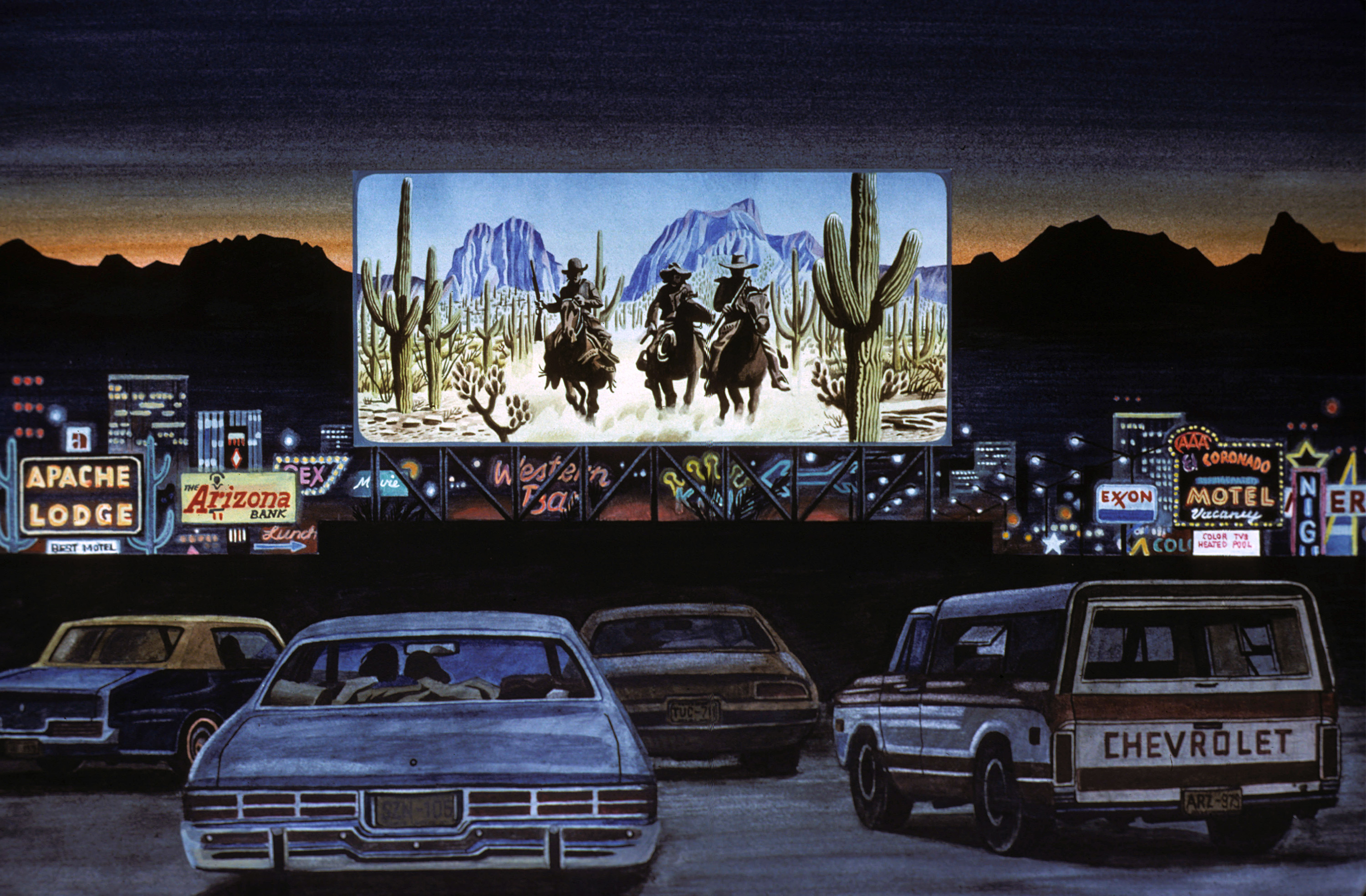 Drive-in / Western («Gantonora»), 1979, Gouache auf Papier, 33 x 46 cm