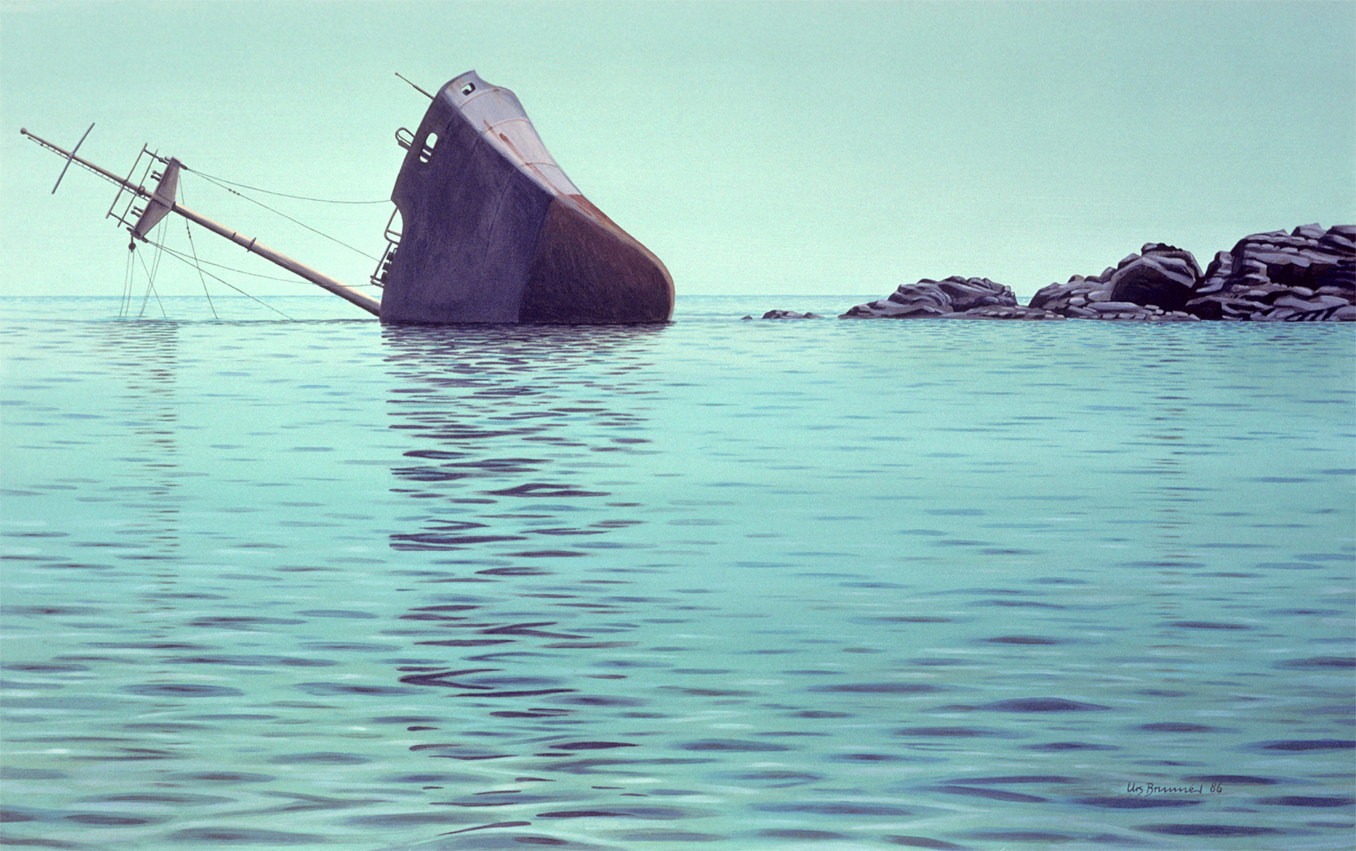 Elba-Wrack, 1986, Acryl auf Hartfaserplatte, 77 x 121 cm