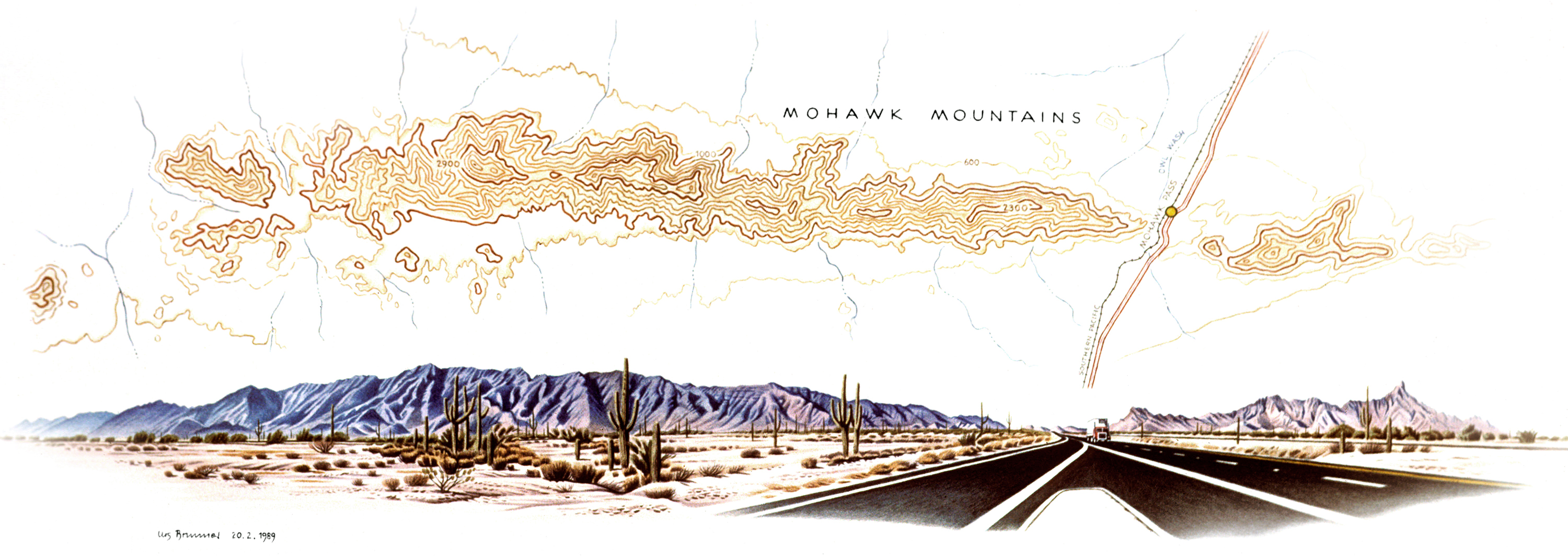 Topographie ll / Mohawk Mountains, 1989, Aquarell und Farbstift auf Papier, 54 x 73 cm