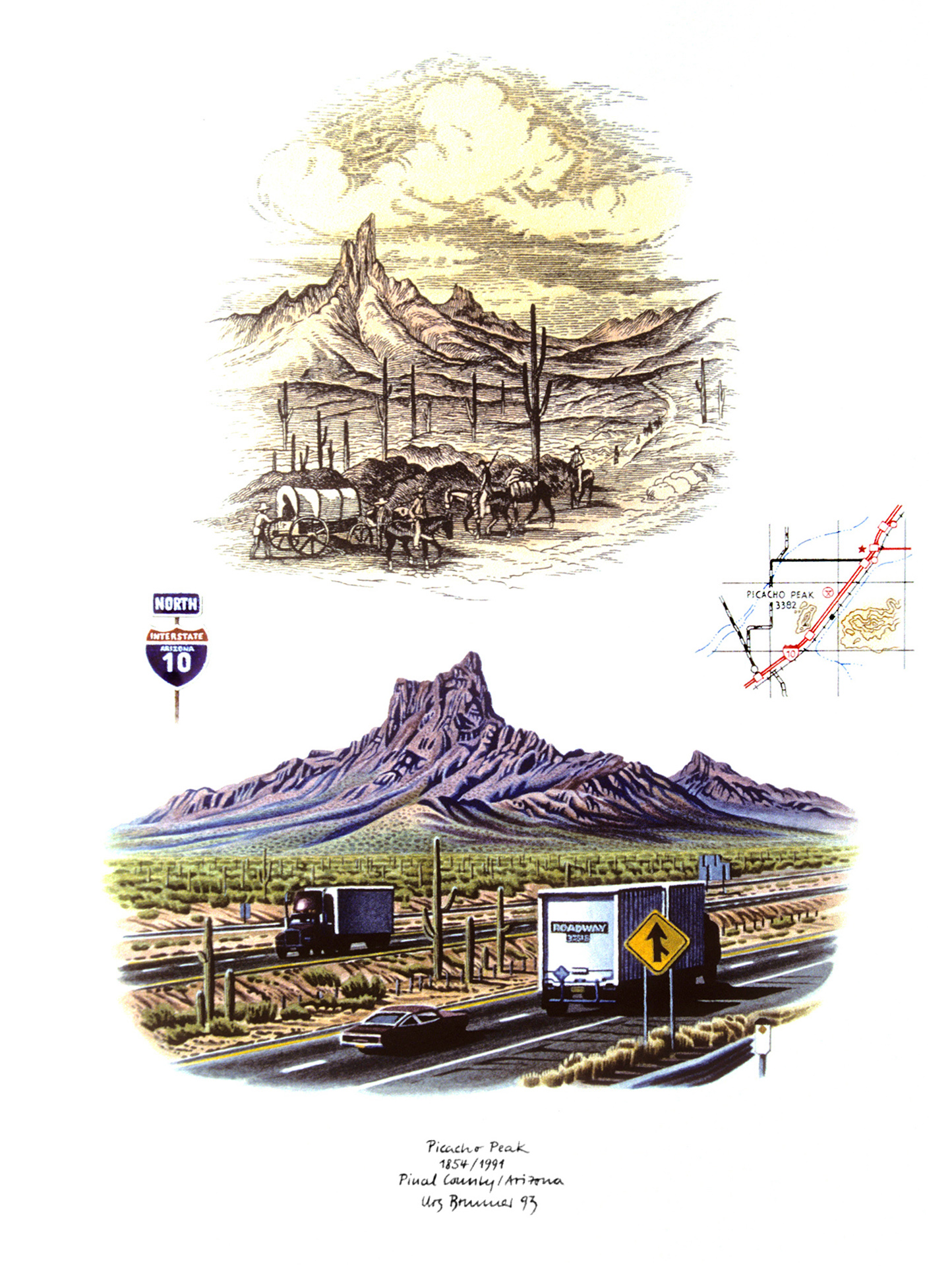 Zeitreise / Picacho Peak, 1993, Aquarell und Filzstift auf Papier, 40 x 30 cm
