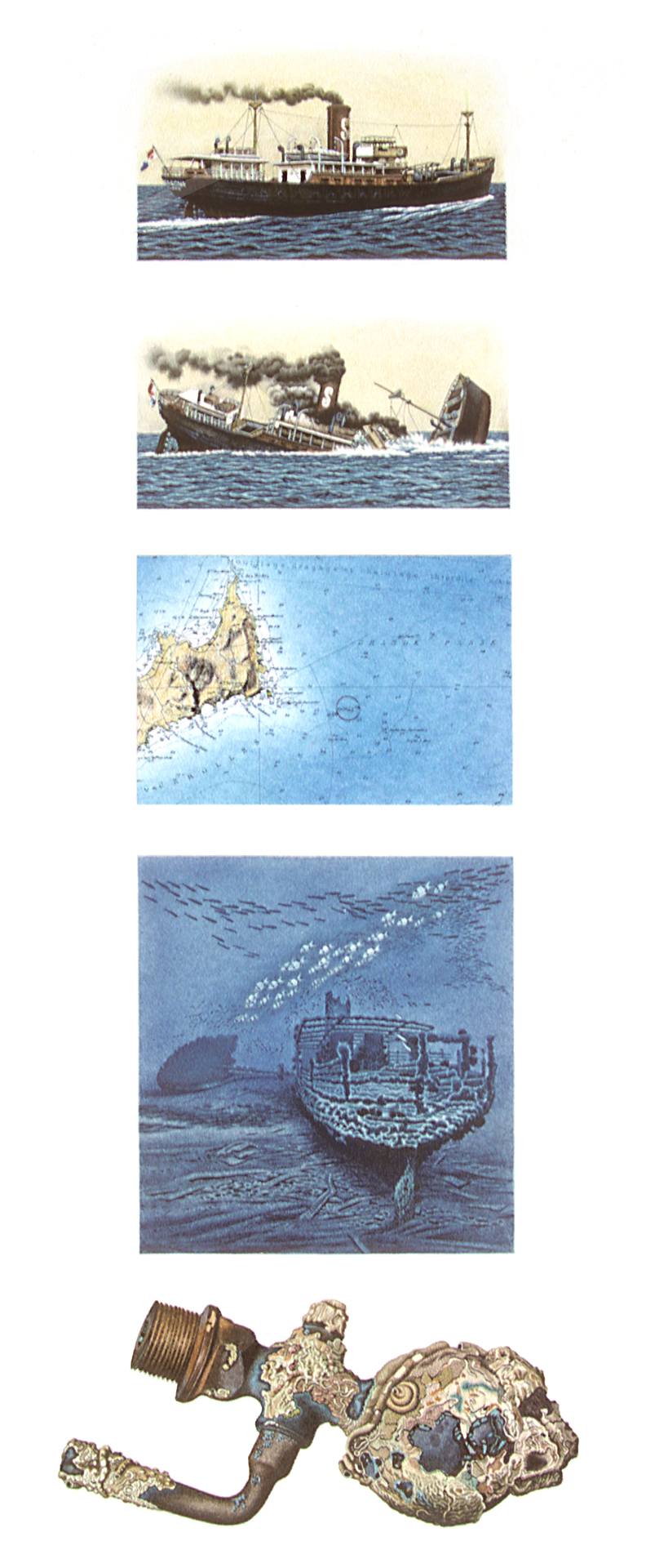 Wrackporträt III / Sagona (Grec) / Fundstück, 1999, Aquarell, Farbstift und Collage auf Papier, 59 x 29 cm