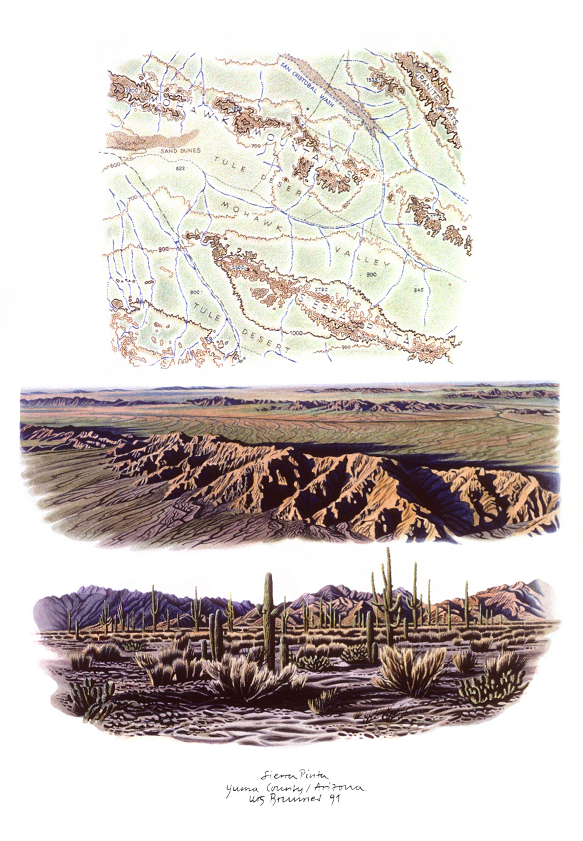 Topographie lV / Sierra Pinta, 1991, Aquarell und Farbstift auf Papier, 50 x 39 cm
