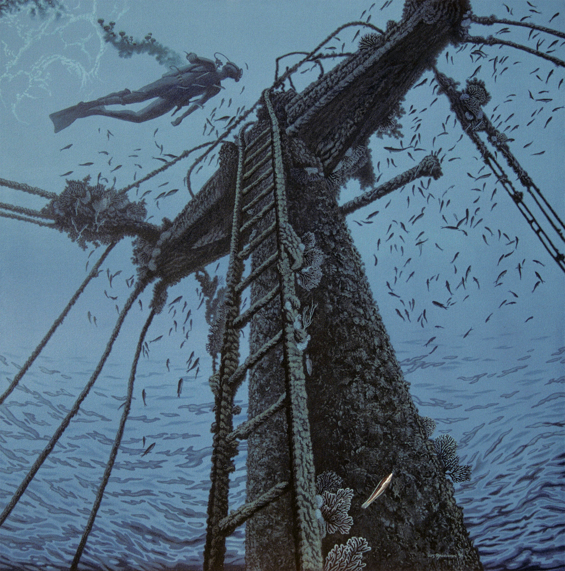 Taucher am Wrack, 1996, Acryl auf Leinwand, 80 x 80 cm