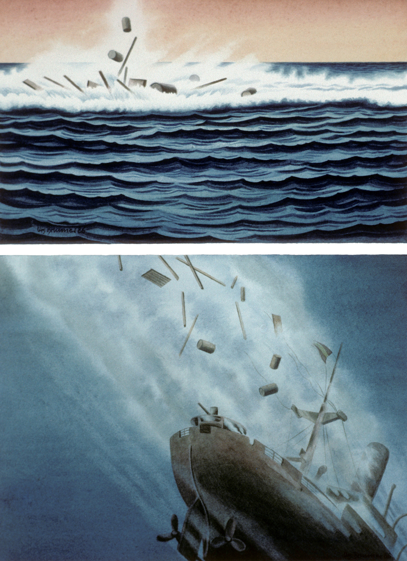 Wracktrümmer III, 1986, Aquarell auf Papier, 27,5 x 20 cm
