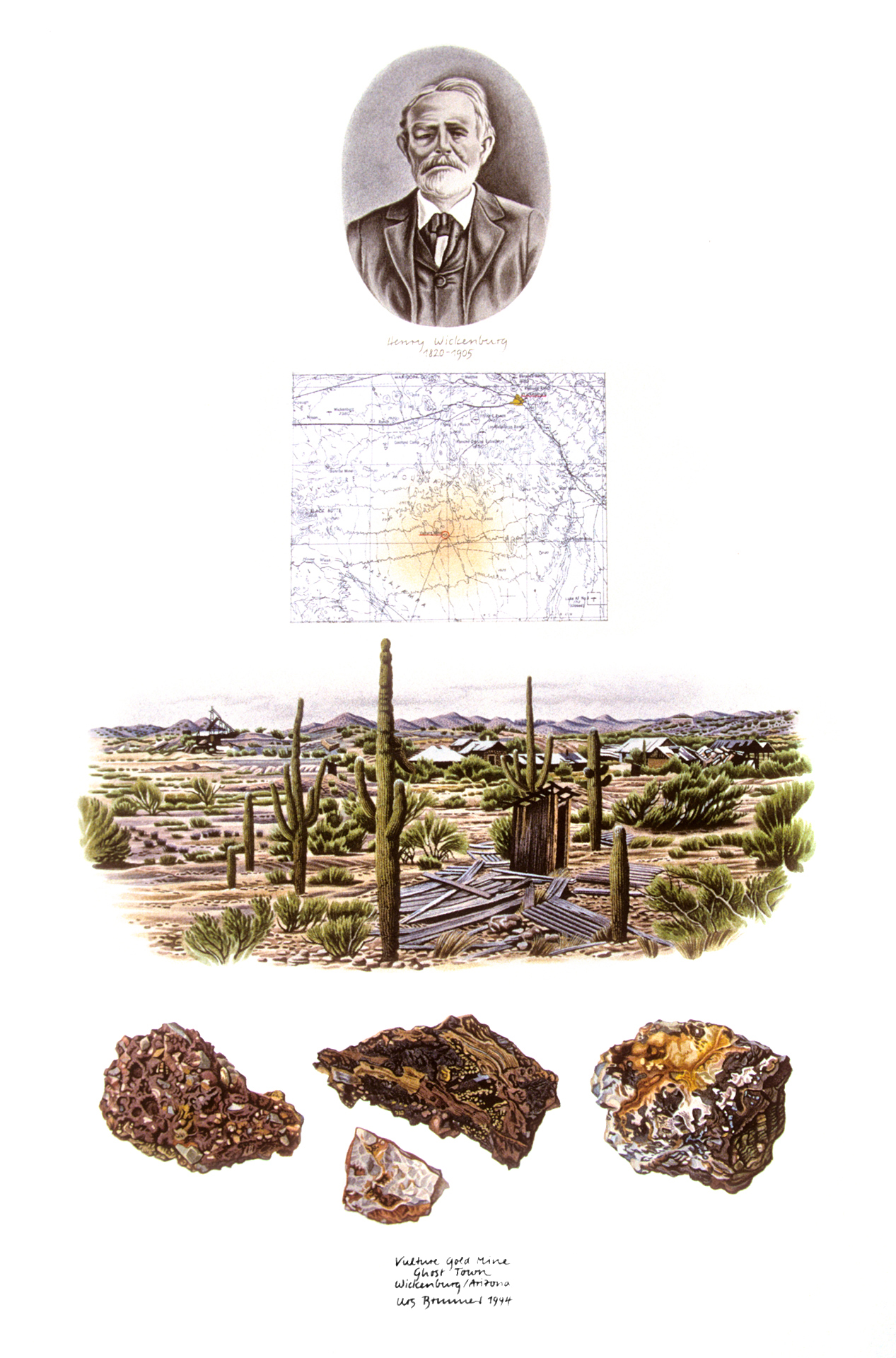 Henri Wickenburg / Vulture Gold Mine (Ghost Town), 1994, Aquarell, Farbstift und Collage auf Papier, 56 x 38 cm